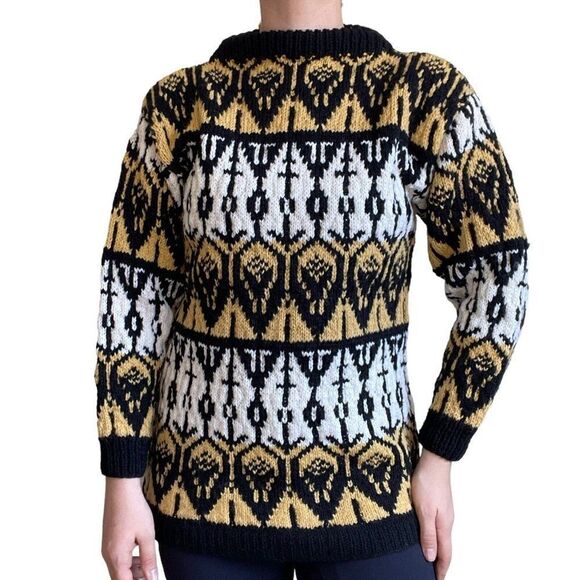 Vintage 1970s Womens Hand Knit Chunky Nordic Fair Isle Wool Geometric Sweater - Picture 6 of 6